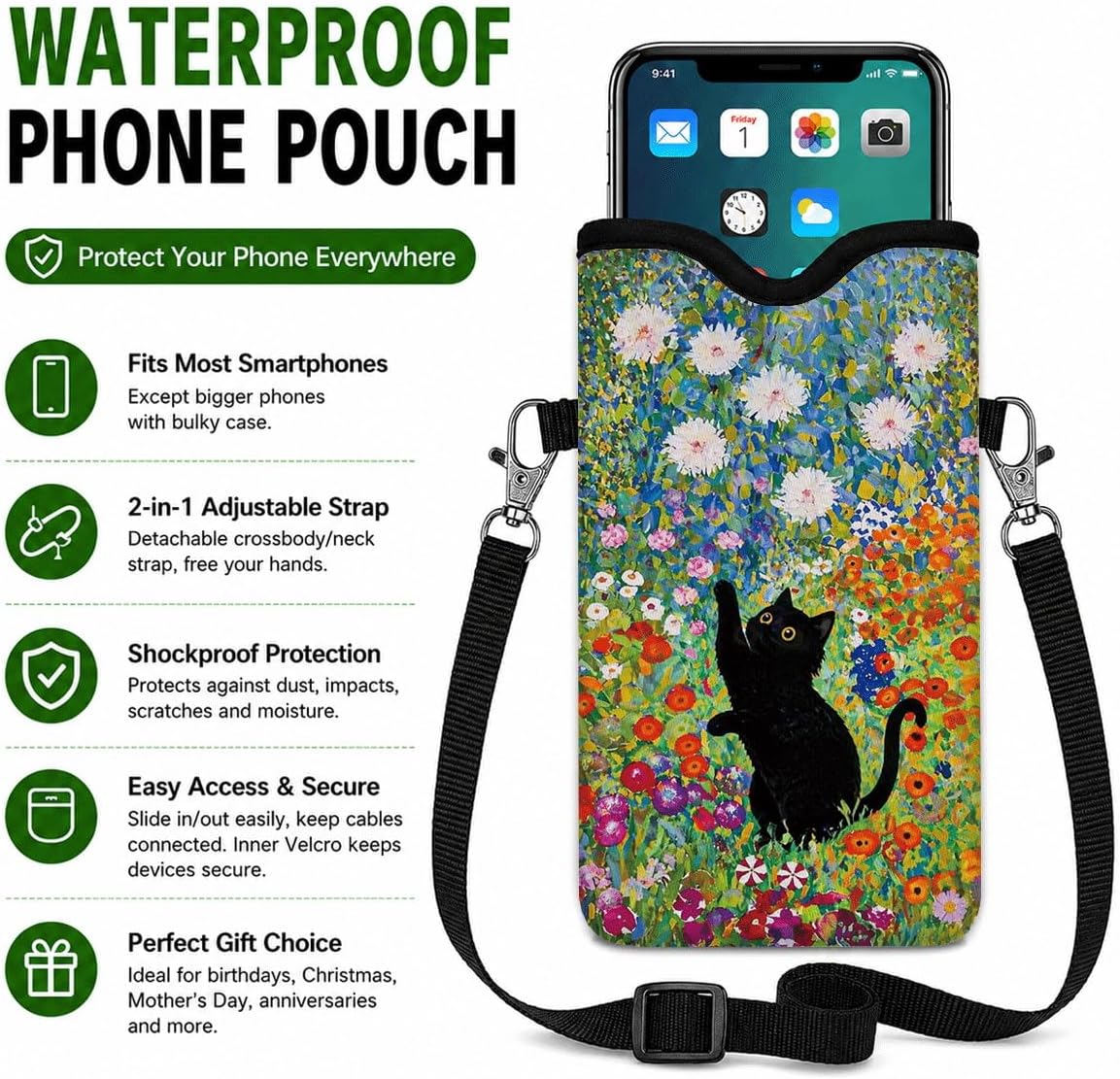 Neoprene Phone Sleeve Pouch Case Bag for Women Men with Crossbody Strap, 7.1x3.9 in, Shockproof Black Cat Mobile Protection Case Bag with Neck Lanyard, Black Cat Garden, Gift for Cats Lovers - Colors C