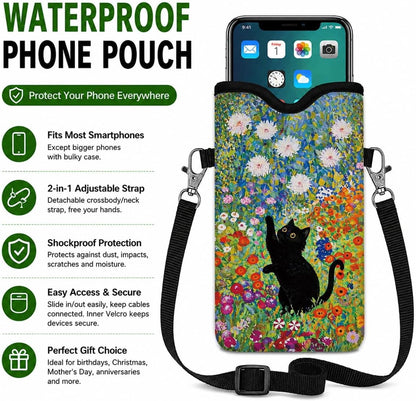 Neoprene Phone Sleeve Pouch Case Bag for Women Men with Crossbody Strap, 7.1x3.9 in, Shockproof Black Cat Mobile Protection Case Bag with Neck Lanyard, Black Cat Garden, Gift for Cats Lovers - Colors C