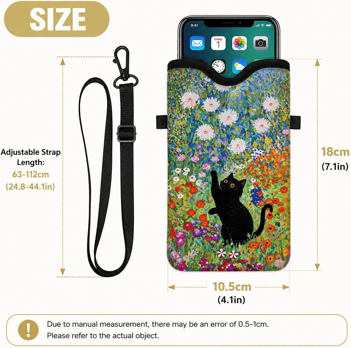 Neoprene Phone Sleeve Pouch Case Bag for Women Men with Crossbody Strap, 7.1x3.9 in, Shockproof Black Cat Mobile Protection Case Bag with Neck Lanyard, Black Cat Garden, Gift for Cats Lovers - Colors C