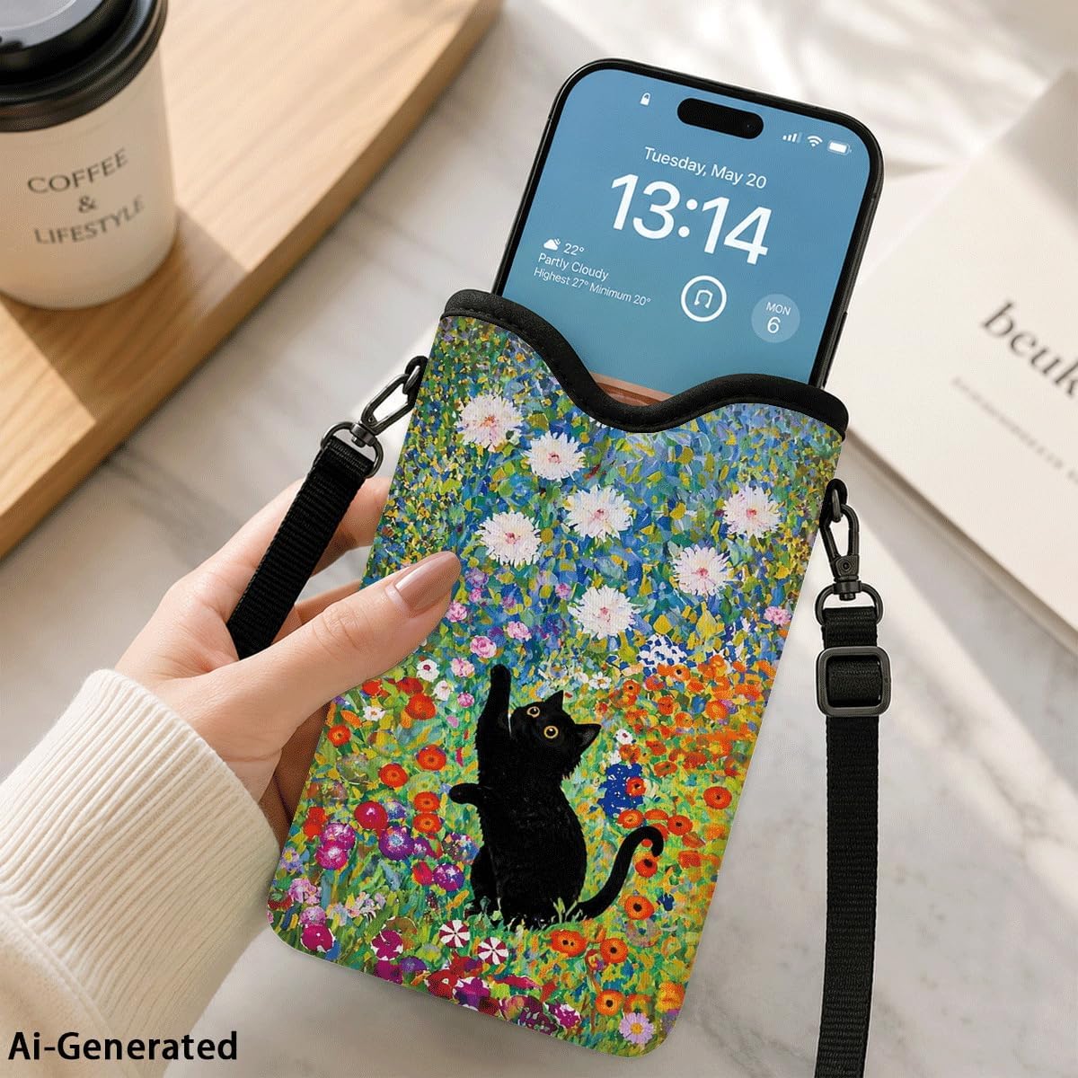 Neoprene Phone Sleeve Pouch Case Bag for Women Men with Crossbody Strap, 7.1x3.9 in, Shockproof Black Cat Mobile Protection Case Bag with Neck Lanyard, Black Cat Garden, Gift for Cats Lovers - Colors C