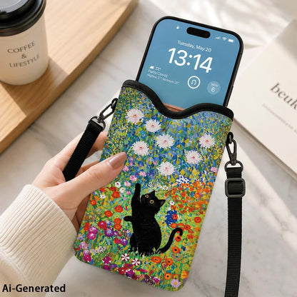 Neoprene Phone Sleeve Pouch Case Bag for Women Men with Crossbody Strap, 7.1x3.9 in, Shockproof Black Cat Mobile Protection Case Bag with Neck Lanyard, Black Cat Garden, Gift for Cats Lovers - Colors C