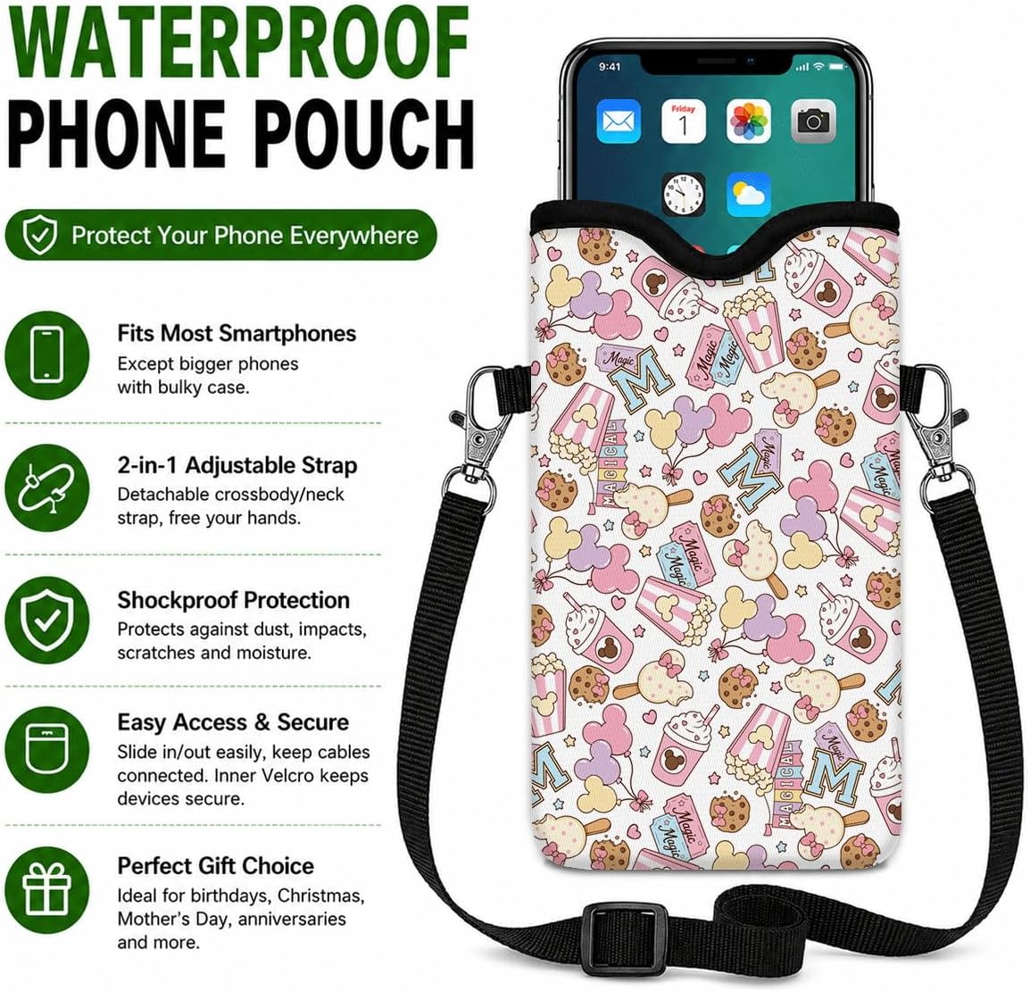 Neoprene Phone Sleeve Pouch Case Bag for Women Men with Crossbody Strap, 7.1x3.9 in, Shockproof Black Cat Mobile Protection Case Bag with Neck Lanyard, Black Cat Garden, Gift for Cats Lovers - Colors C