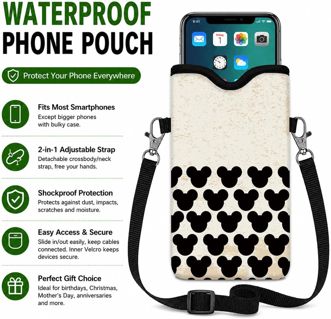 Neoprene Phone Sleeve Pouch Case Bag for Women Men with Crossbody Strap, 7.1x3.9 in, Shockproof Black Cat Mobile Protection Case Bag with Neck Lanyard, Black Cat Garden, Gift for Cats Lovers - Colors C