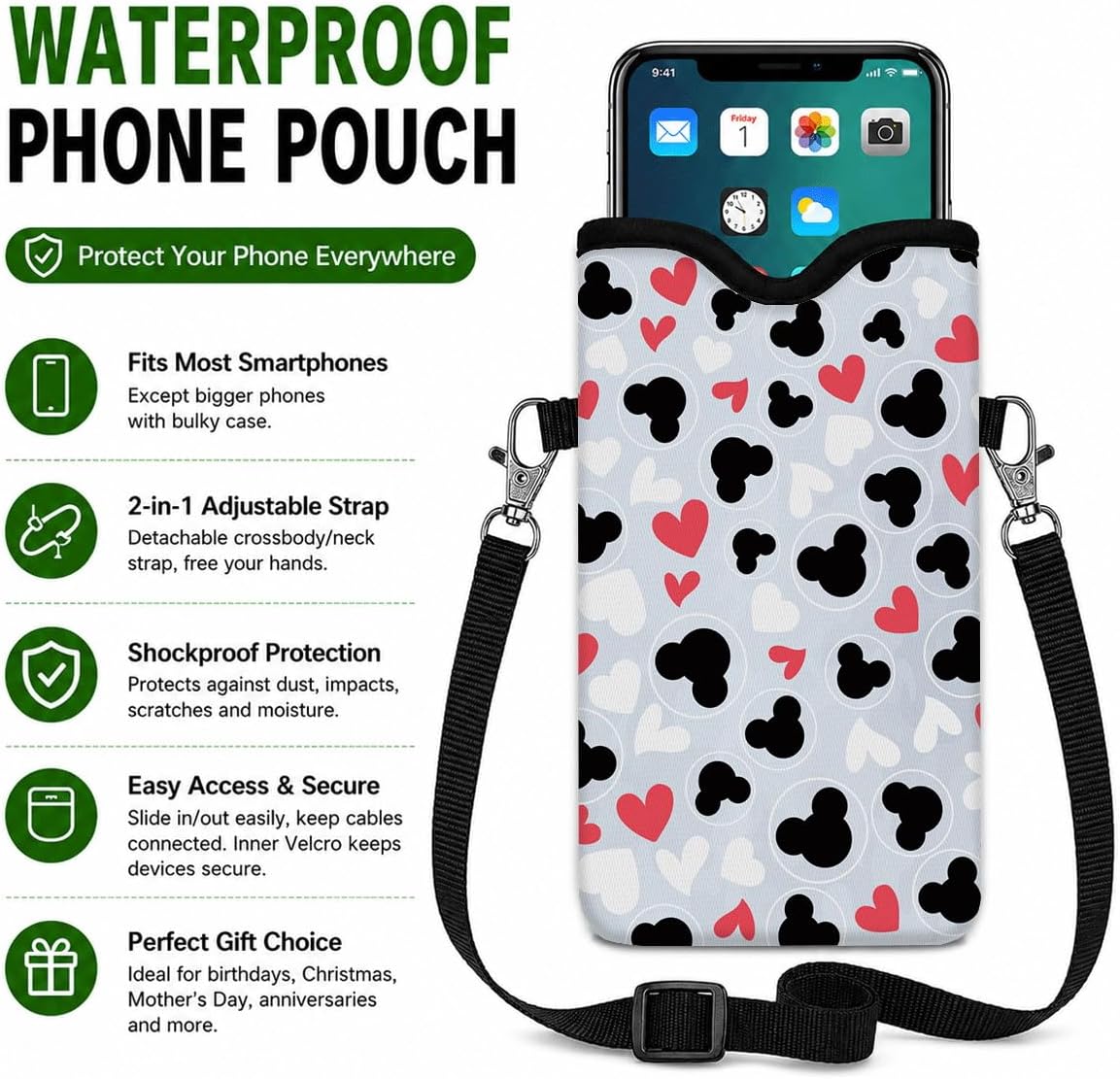 Neoprene Phone Sleeve Pouch Case Bag for Women Men with Crossbody Strap, 7.1x3.9 in, Shockproof Black Cat Mobile Protection Case Bag with Neck Lanyard, Black Cat Garden, Gift for Cats Lovers - Colors C