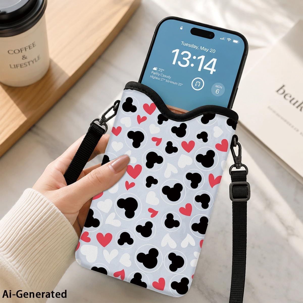 Neoprene Phone Sleeve Pouch Case Bag for Women Men with Crossbody Strap, 7.1x3.9 in, Shockproof Black Cat Mobile Protection Case Bag with Neck Lanyard, Black Cat Garden, Gift for Cats Lovers - Colors C