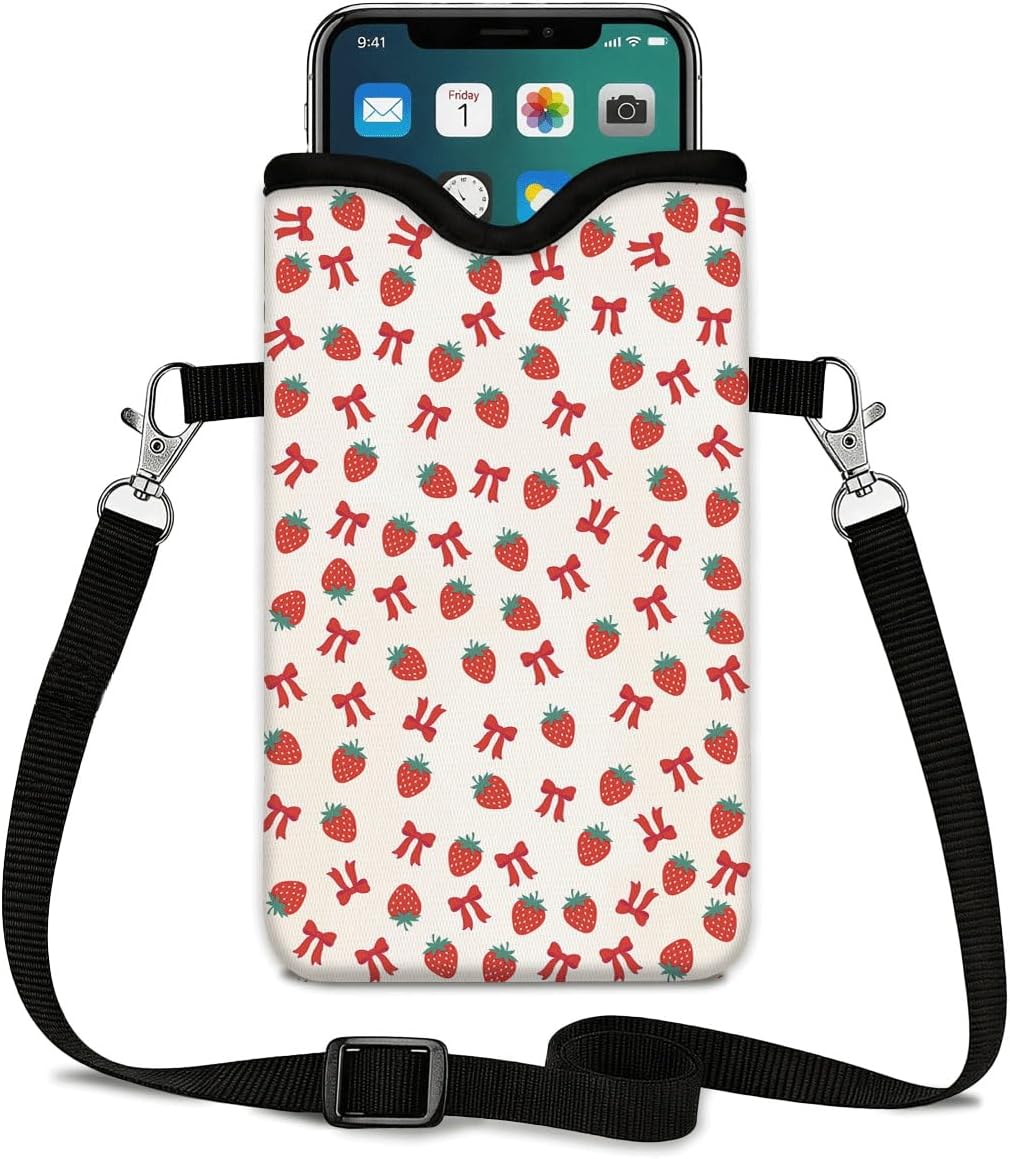 Neoprene Phone Sleeve Pouch Case Bag for Women Men with Crossbody Strap, 7.1x3.9 in, Shockproof Black Cat Mobile Protection Case Bag with Neck Lanyard, Black Cat Garden, Gift for Cats Lovers - Colors C
