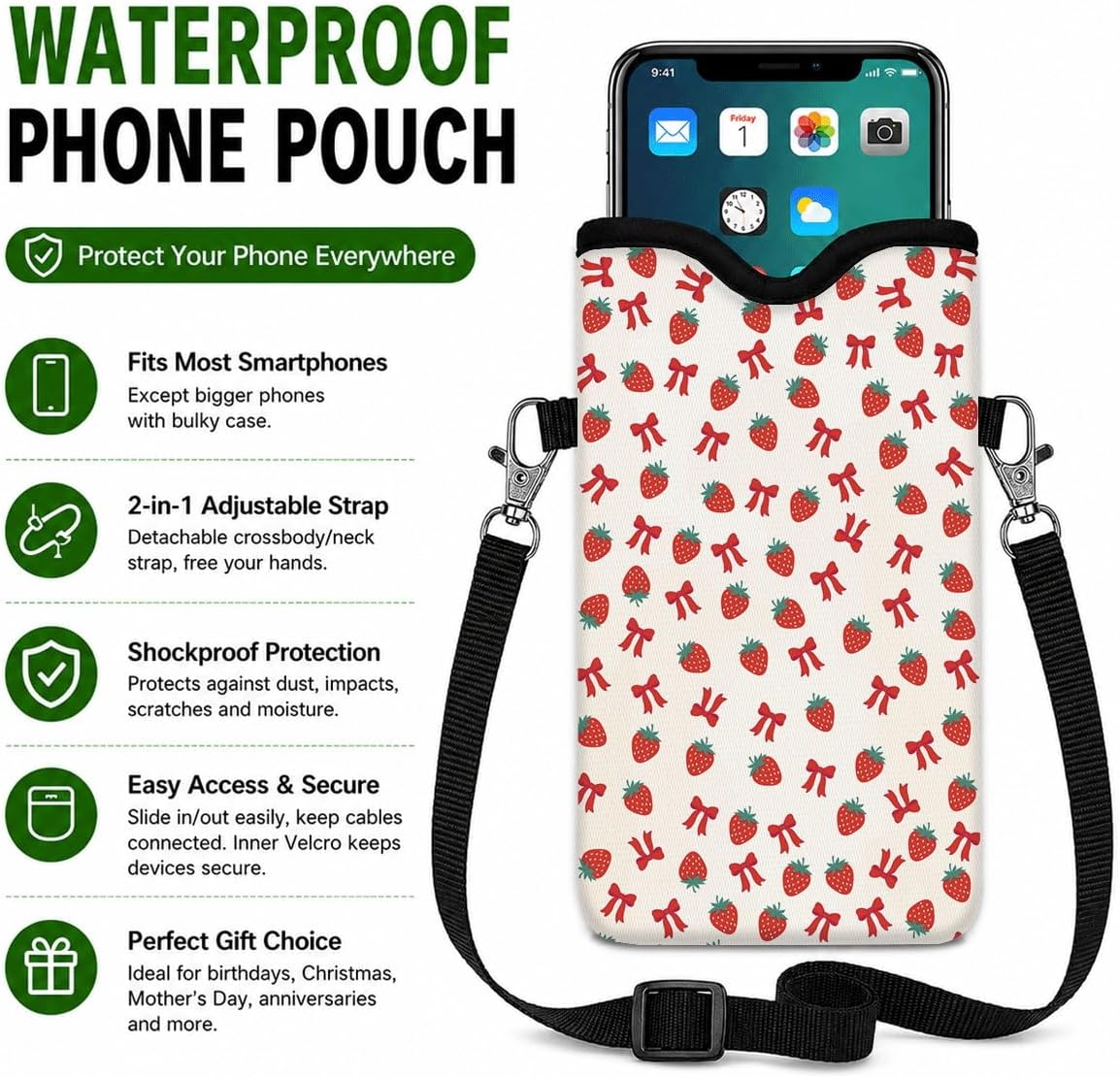 Neoprene Phone Sleeve Pouch Case Bag for Women Men with Crossbody Strap, 7.1x3.9 in, Shockproof Black Cat Mobile Protection Case Bag with Neck Lanyard, Black Cat Garden, Gift for Cats Lovers - Colors C