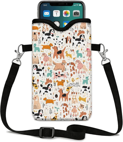 Neoprene Phone Sleeve Pouch Case Bag for Women Men with Crossbody Strap, 7.1x3.9 in, Shockproof Black Cat Mobile Protection Case Bag with Neck Lanyard, Black Cat Garden, Gift for Cats Lovers - Colors C