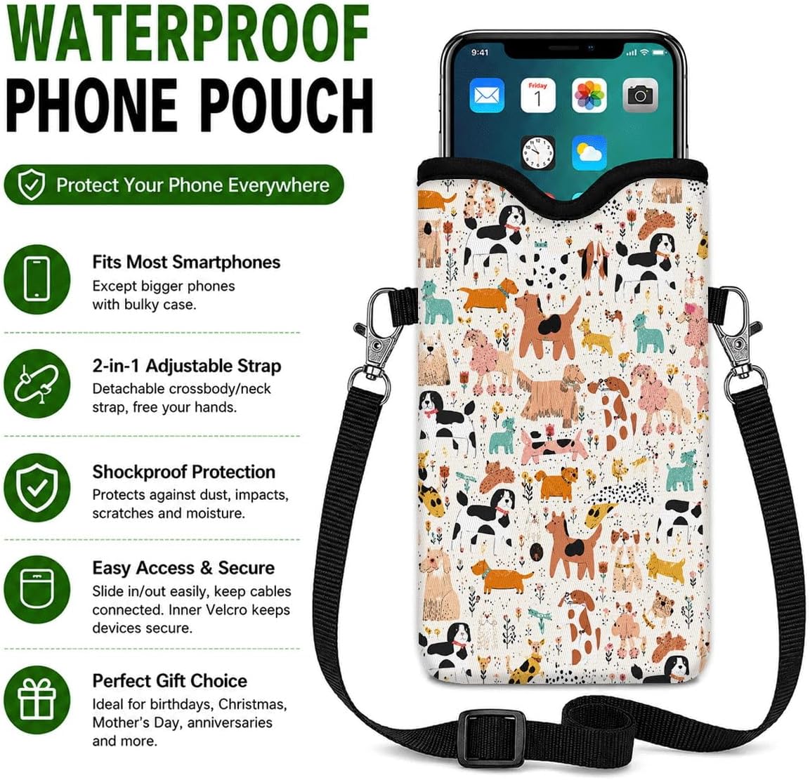 Neoprene Phone Sleeve Pouch Case Bag for Women Men with Crossbody Strap, 7.1x3.9 in, Shockproof Black Cat Mobile Protection Case Bag with Neck Lanyard, Black Cat Garden, Gift for Cats Lovers - Colors C