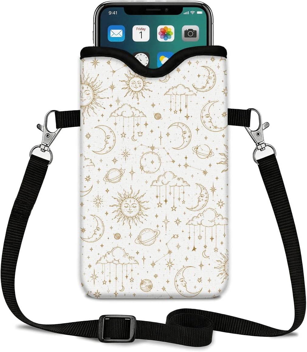 Neoprene Phone Sleeve Pouch Case Bag for Women Men with Crossbody Strap, 7.1x3.9 in, Shockproof Black Cat Mobile Protection Case Bag with Neck Lanyard, Black Cat Garden, Gift for Cats Lovers - Colors C
