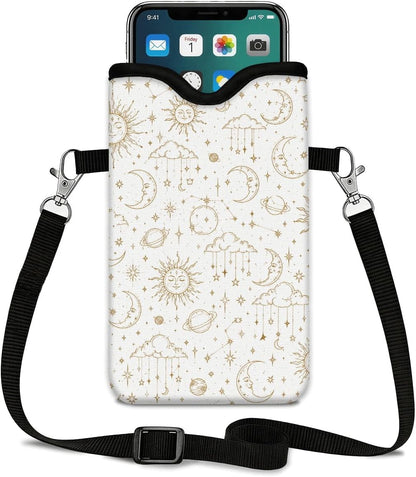 Neoprene Phone Sleeve Pouch Case Bag for Women Men with Crossbody Strap, 7.1x3.9 in, Shockproof Black Cat Mobile Protection Case Bag with Neck Lanyard, Black Cat Garden, Gift for Cats Lovers - Colors C