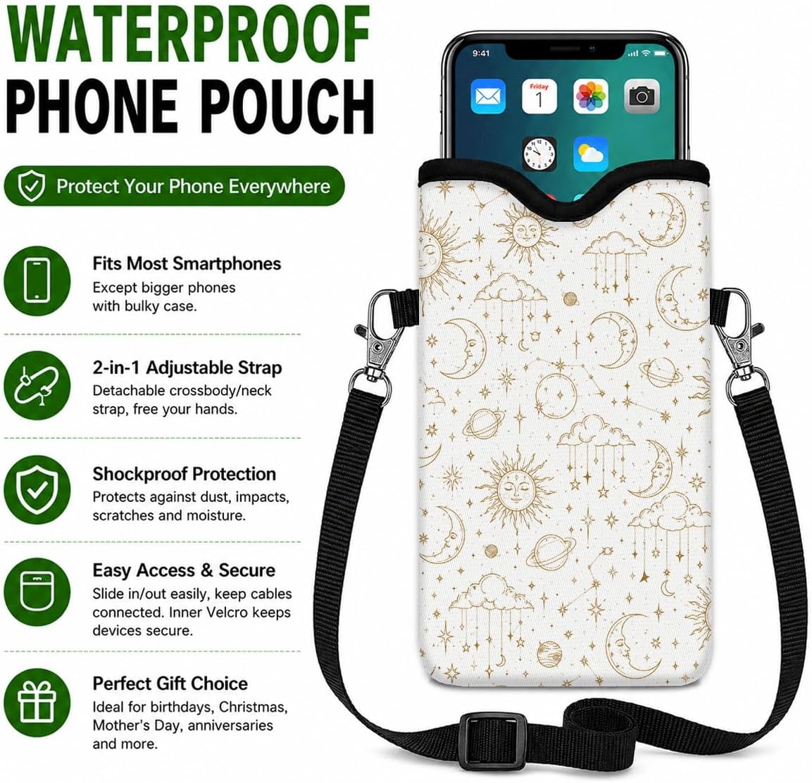 Neoprene Phone Sleeve Pouch Case Bag for Women Men with Crossbody Strap, 7.1x3.9 in, Shockproof Black Cat Mobile Protection Case Bag with Neck Lanyard, Black Cat Garden, Gift for Cats Lovers - Colors C
