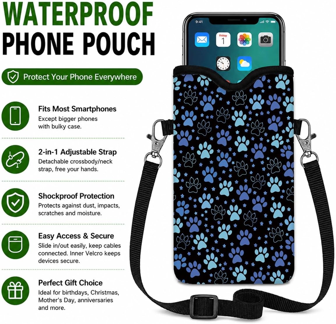 Neoprene Phone Sleeve Pouch Case Bag for Women Men with Crossbody Strap, 7.1x3.9 in, Shockproof Black Cat Mobile Protection Case Bag with Neck Lanyard, Black Cat Garden, Gift for Cats Lovers - Colors C