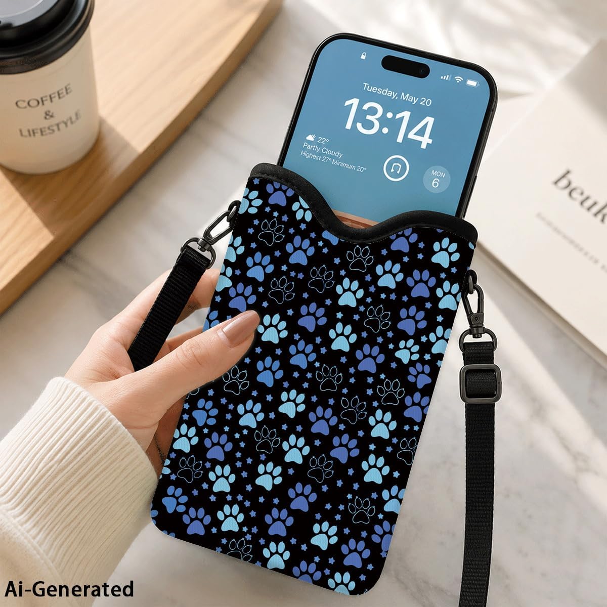 Neoprene Phone Sleeve Pouch Case Bag for Women Men with Crossbody Strap, 7.1x3.9 in, Shockproof Black Cat Mobile Protection Case Bag with Neck Lanyard, Black Cat Garden, Gift for Cats Lovers - Colors C