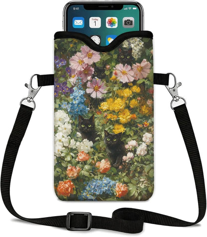Neoprene Phone Sleeve Pouch Case Bag for Women Men with Crossbody Strap, 7.1x3.9 in, Shockproof Black Cat Mobile Protection Case Bag with Neck Lanyard, Black Cat Garden, Gift for Cats Lovers - Colors C