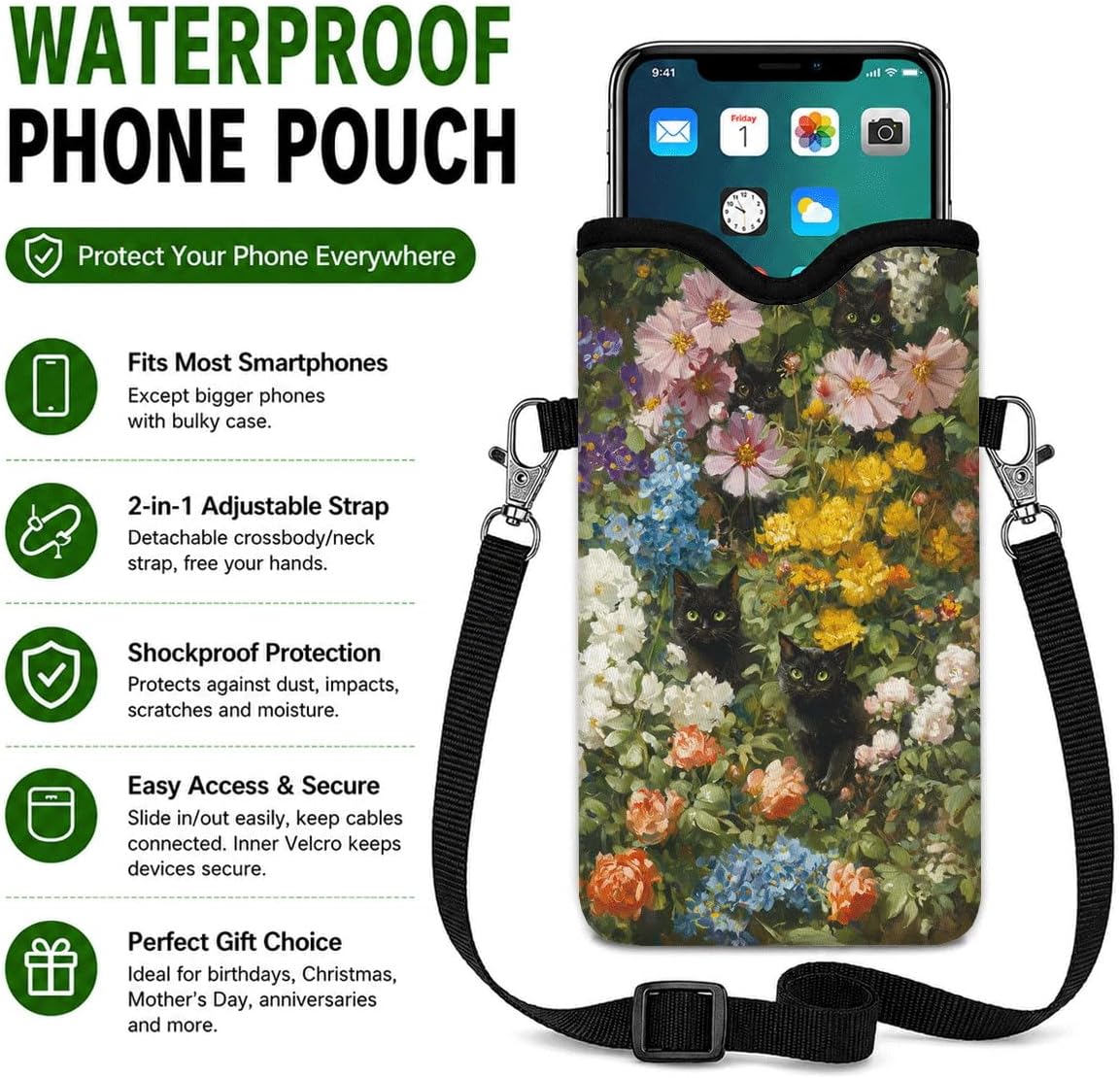 Neoprene Phone Sleeve Pouch Case Bag for Women Men with Crossbody Strap, 7.1x3.9 in, Shockproof Black Cat Mobile Protection Case Bag with Neck Lanyard, Black Cat Garden, Gift for Cats Lovers - Colors C