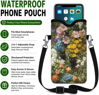 Neoprene Phone Sleeve Pouch Case Bag for Women Men with Crossbody Strap, 7.1x3.9 in, Shockproof Black Cat Mobile Protection Case Bag with Neck Lanyard, Black Cat Garden, Gift for Cats Lovers - Colors C