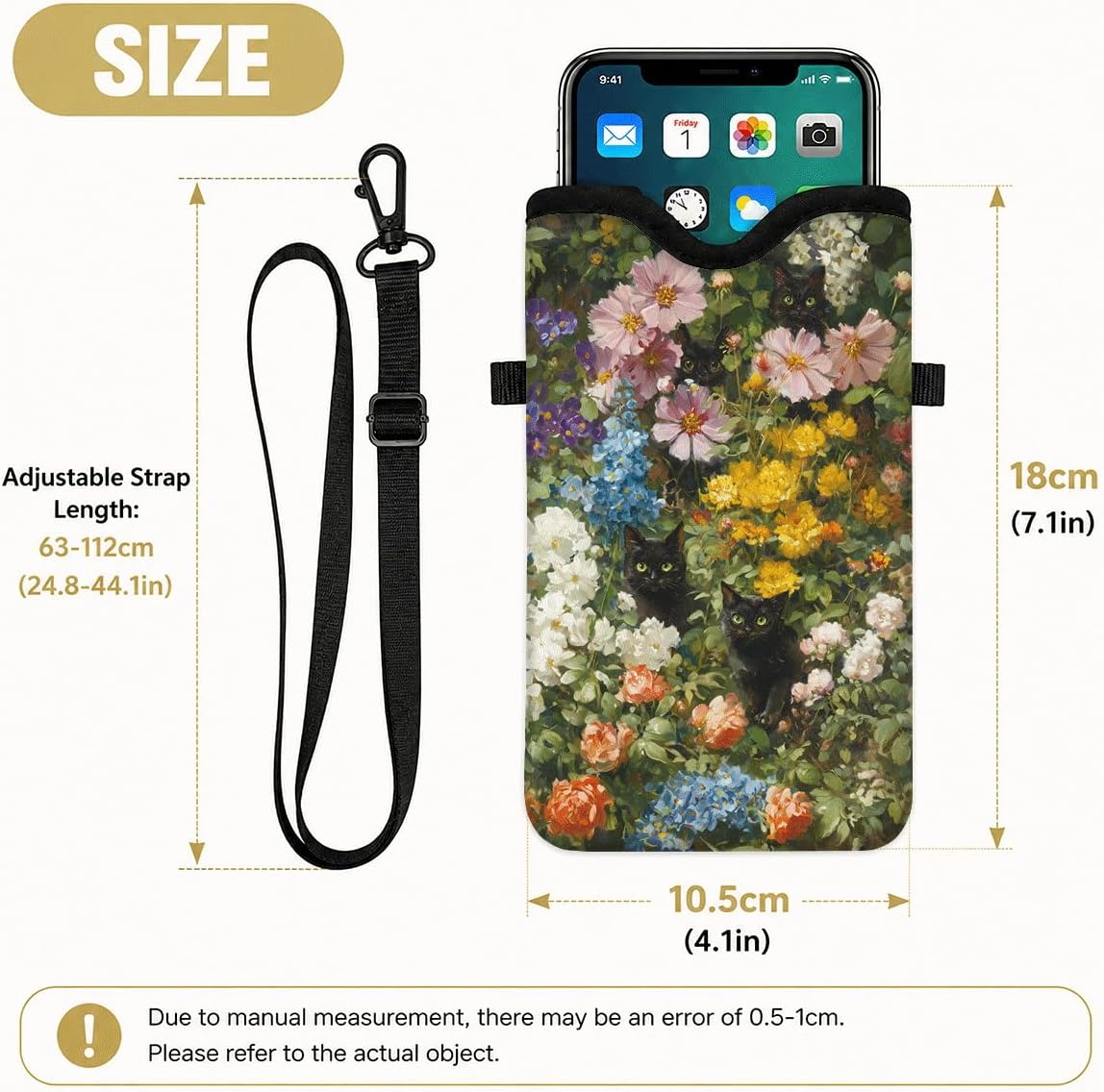 Neoprene Phone Sleeve Pouch Case Bag for Women Men with Crossbody Strap, 7.1x3.9 in, Shockproof Black Cat Mobile Protection Case Bag with Neck Lanyard, Black Cat Garden, Gift for Cats Lovers - Colors C