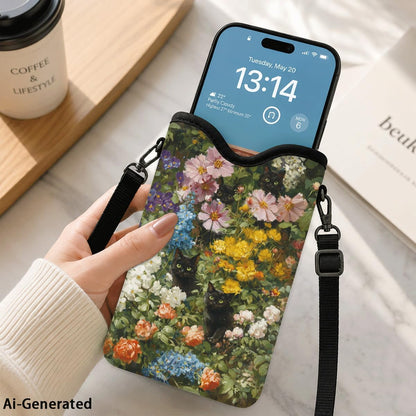 Neoprene Phone Sleeve Pouch Case Bag for Women Men with Crossbody Strap, 7.1x3.9 in, Shockproof Black Cat Mobile Protection Case Bag with Neck Lanyard, Black Cat Garden, Gift for Cats Lovers - Colors C
