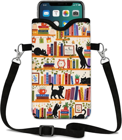 Neoprene Phone Sleeve Pouch Case Bag for Women Men with Crossbody Strap, 7.1x3.9 in, Shockproof Black Cat Mobile Protection Case Bag with Neck Lanyard, Black Cat Garden, Gift for Cats Lovers - Colors C