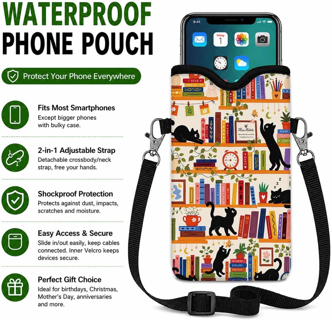 Neoprene Phone Sleeve Pouch Case Bag for Women Men with Crossbody Strap, 7.1x3.9 in, Shockproof Black Cat Mobile Protection Case Bag with Neck Lanyard, Black Cat Garden, Gift for Cats Lovers - Colors C
