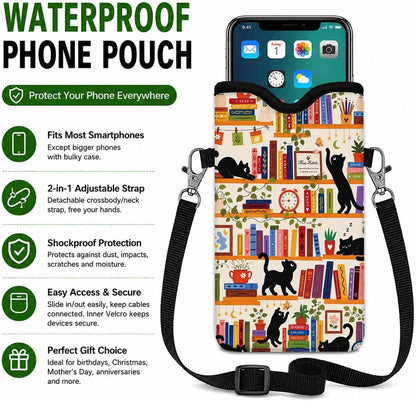 Neoprene Phone Sleeve Pouch Case Bag for Women Men with Crossbody Strap, 7.1x3.9 in, Shockproof Black Cat Mobile Protection Case Bag with Neck Lanyard, Black Cat Garden, Gift for Cats Lovers - Colors C