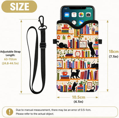 Neoprene Phone Sleeve Pouch Case Bag for Women Men with Crossbody Strap, 7.1x3.9 in, Shockproof Black Cat Mobile Protection Case Bag with Neck Lanyard, Black Cat Garden, Gift for Cats Lovers - Colors C