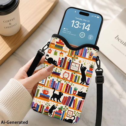 Neoprene Phone Sleeve Pouch Case Bag for Women Men with Crossbody Strap, 7.1x3.9 in, Shockproof Black Cat Mobile Protection Case Bag with Neck Lanyard, Black Cat Garden, Gift for Cats Lovers - Colors C