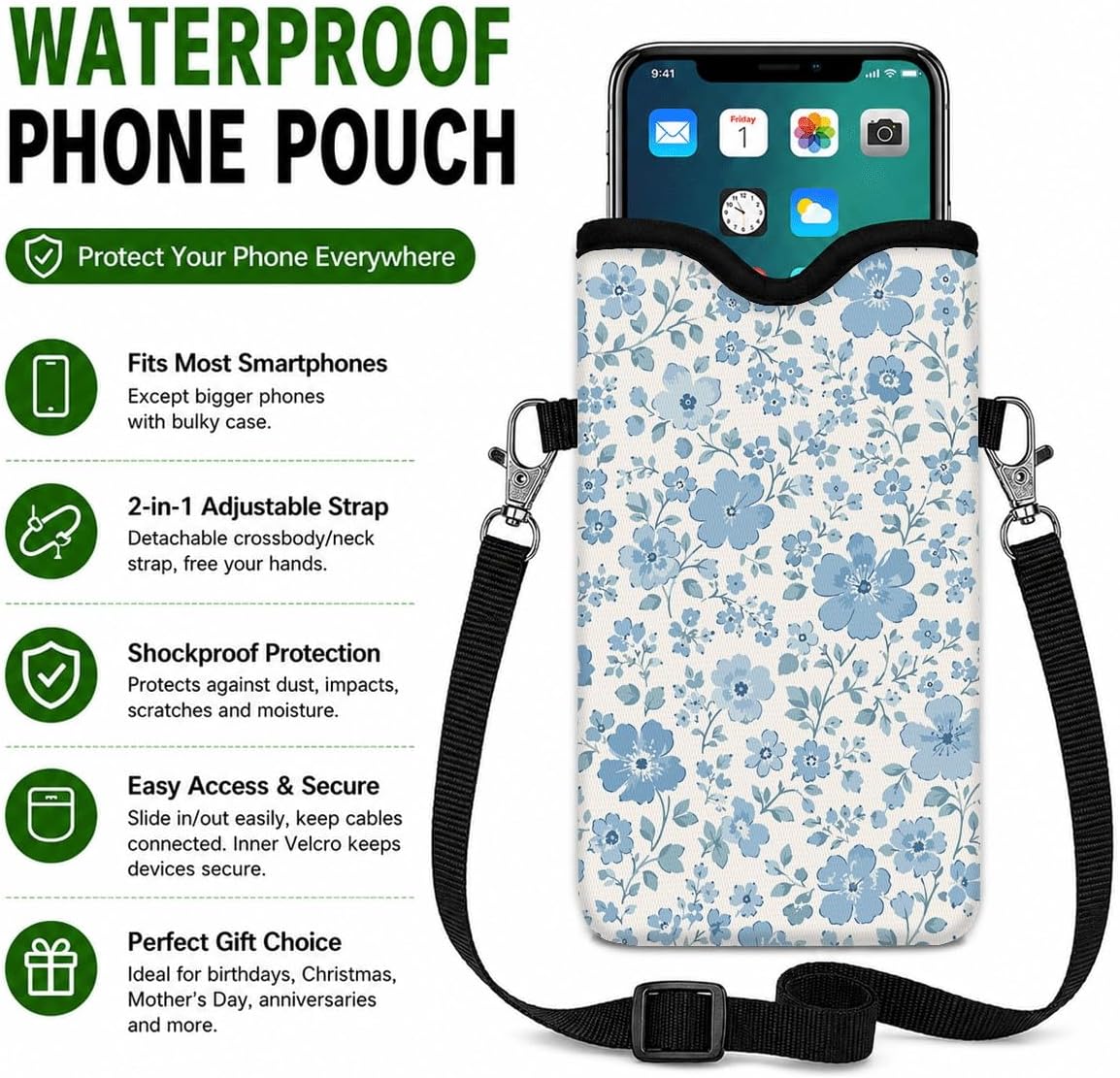 Neoprene Phone Sleeve Pouch Case Bag for Women Men with Crossbody Strap, 7.1x3.9 in, Shockproof Black Cat Mobile Protection Case Bag with Neck Lanyard, Black Cat Garden, Gift for Cats Lovers - Colors C