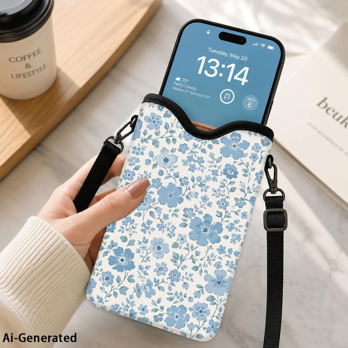 Neoprene Phone Sleeve Pouch Case Bag for Women Men with Crossbody Strap, 7.1x3.9 in, Shockproof Black Cat Mobile Protection Case Bag with Neck Lanyard, Black Cat Garden, Gift for Cats Lovers - Colors C