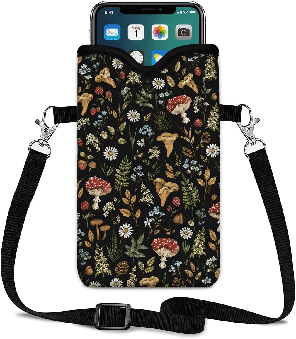 Neoprene Phone Sleeve Pouch Case Bag for Women Men with Crossbody Strap, 7.1x3.9 in, Shockproof Black Cat Mobile Protection Case Bag with Neck Lanyard, Black Cat Garden, Gift for Cats Lovers - Colors C