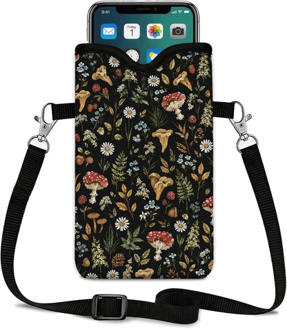 Neoprene Phone Sleeve Pouch Case Bag for Women Men with Crossbody Strap, 7.1x3.9 in, Shockproof Black Cat Mobile Protection Case Bag with Neck Lanyard, Black Cat Garden, Gift for Cats Lovers - Colors C