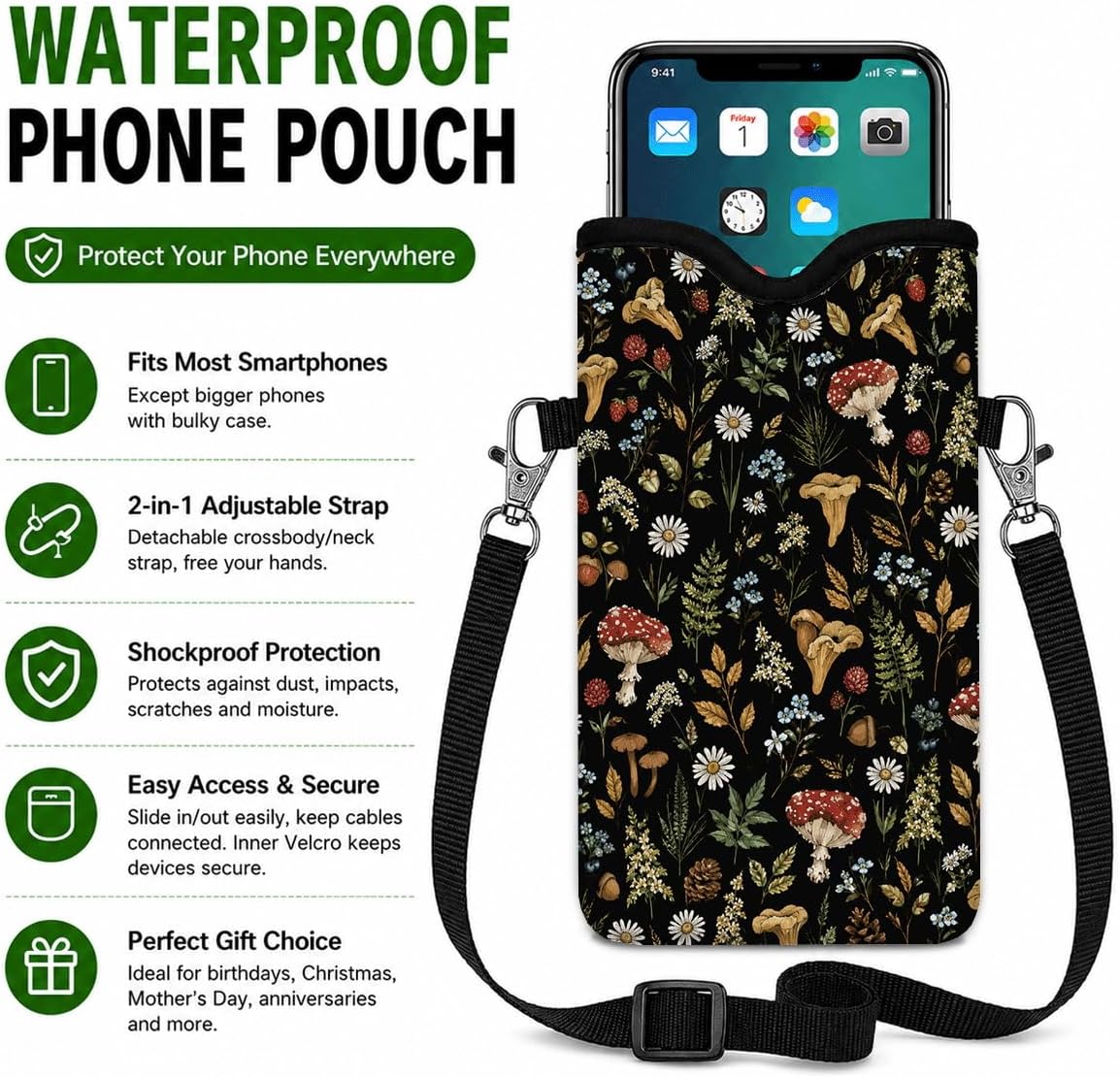Neoprene Phone Sleeve Pouch Case Bag for Women Men with Crossbody Strap, 7.1x3.9 in, Shockproof Black Cat Mobile Protection Case Bag with Neck Lanyard, Black Cat Garden, Gift for Cats Lovers - Colors C
