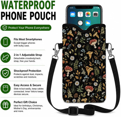 Neoprene Phone Sleeve Pouch Case Bag for Women Men with Crossbody Strap, 7.1x3.9 in, Shockproof Black Cat Mobile Protection Case Bag with Neck Lanyard, Black Cat Garden, Gift for Cats Lovers - Colors C