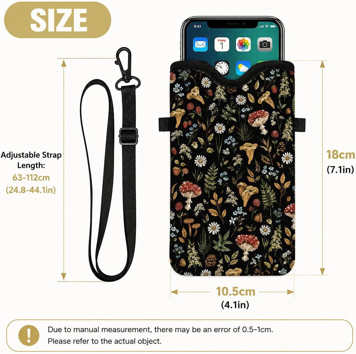 Neoprene Phone Sleeve Pouch Case Bag for Women Men with Crossbody Strap, 7.1x3.9 in, Shockproof Black Cat Mobile Protection Case Bag with Neck Lanyard, Black Cat Garden, Gift for Cats Lovers - Colors C