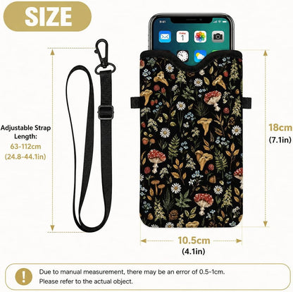 Neoprene Phone Sleeve Pouch Case Bag for Women Men with Crossbody Strap, 7.1x3.9 in, Shockproof Black Cat Mobile Protection Case Bag with Neck Lanyard, Black Cat Garden, Gift for Cats Lovers - Colors C