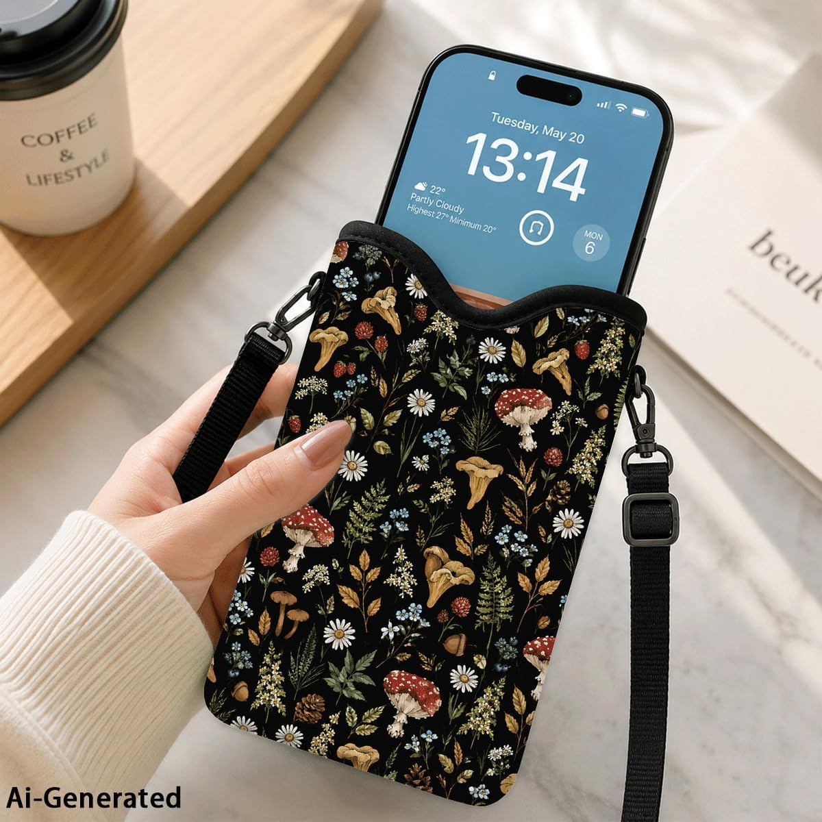 Neoprene Phone Sleeve Pouch Case Bag for Women Men with Crossbody Strap, 7.1x3.9 in, Shockproof Black Cat Mobile Protection Case Bag with Neck Lanyard, Black Cat Garden, Gift for Cats Lovers - Colors C