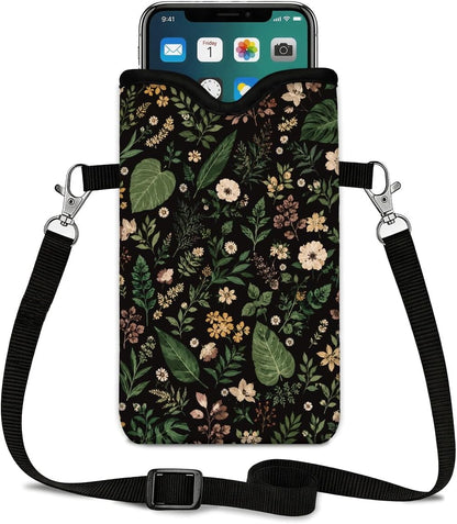 Neoprene Phone Sleeve Pouch Case Bag for Women Men with Crossbody Strap, 7.1x3.9 in, Shockproof Black Cat Mobile Protection Case Bag with Neck Lanyard, Black Cat Garden, Gift for Cats Lovers - Colors C