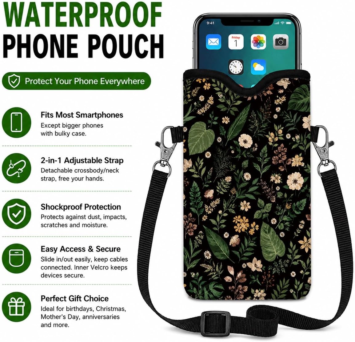 Neoprene Phone Sleeve Pouch Case Bag for Women Men with Crossbody Strap, 7.1x3.9 in, Shockproof Black Cat Mobile Protection Case Bag with Neck Lanyard, Black Cat Garden, Gift for Cats Lovers - Colors C