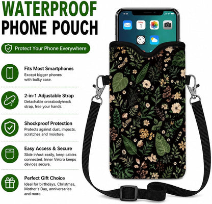 Neoprene Phone Sleeve Pouch Case Bag for Women Men with Crossbody Strap, 7.1x3.9 in, Shockproof Black Cat Mobile Protection Case Bag with Neck Lanyard, Black Cat Garden, Gift for Cats Lovers - Colors C
