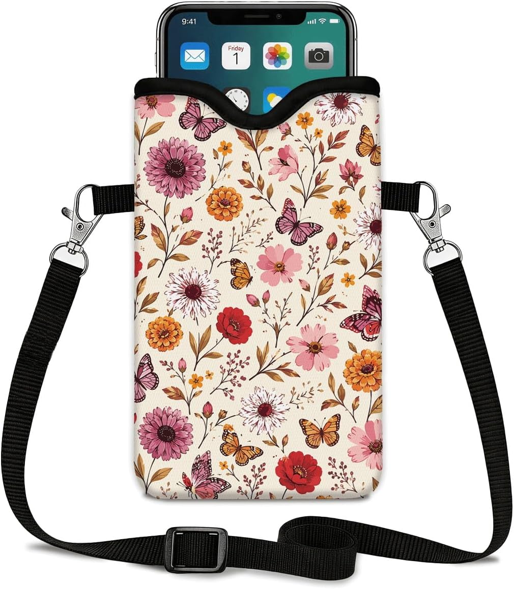 Neoprene Phone Sleeve Pouch Case Bag for Women Men with Crossbody Strap, 7.1x3.9 in, Shockproof Black Cat Mobile Protection Case Bag with Neck Lanyard, Black Cat Garden, Gift for Cats Lovers - Colors C