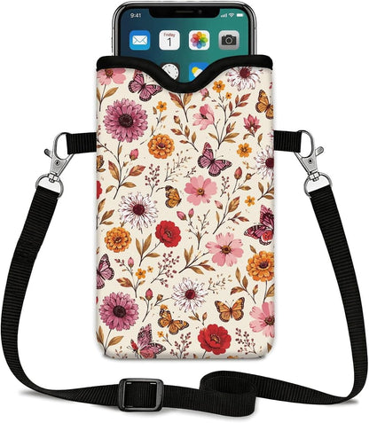 Neoprene Phone Sleeve Pouch Case Bag for Women Men with Crossbody Strap, 7.1x3.9 in, Shockproof Black Cat Mobile Protection Case Bag with Neck Lanyard, Black Cat Garden, Gift for Cats Lovers - Colors C