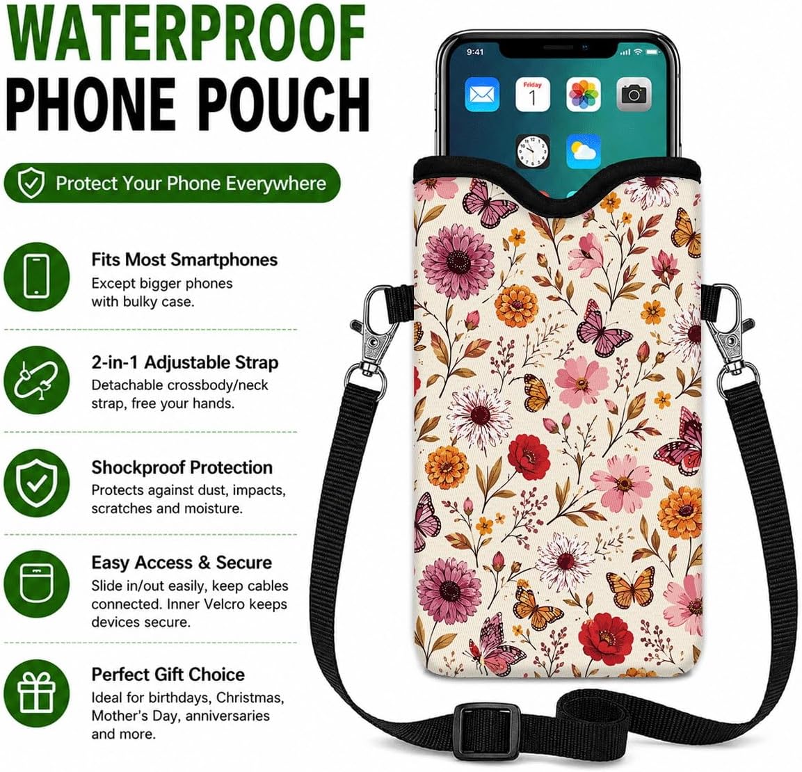 Neoprene Phone Sleeve Pouch Case Bag for Women Men with Crossbody Strap, 7.1x3.9 in, Shockproof Black Cat Mobile Protection Case Bag with Neck Lanyard, Black Cat Garden, Gift for Cats Lovers - Colors C