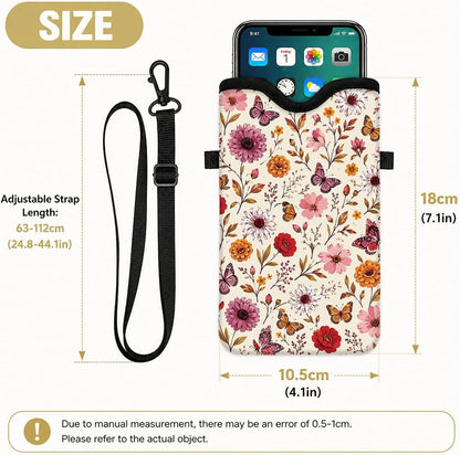 Neoprene Phone Sleeve Pouch Case Bag for Women Men with Crossbody Strap, 7.1x3.9 in, Shockproof Black Cat Mobile Protection Case Bag with Neck Lanyard, Black Cat Garden, Gift for Cats Lovers - Colors C