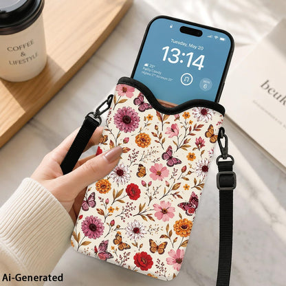 Neoprene Phone Sleeve Pouch Case Bag for Women Men with Crossbody Strap, 7.1x3.9 in, Shockproof Black Cat Mobile Protection Case Bag with Neck Lanyard, Black Cat Garden, Gift for Cats Lovers - Colors C