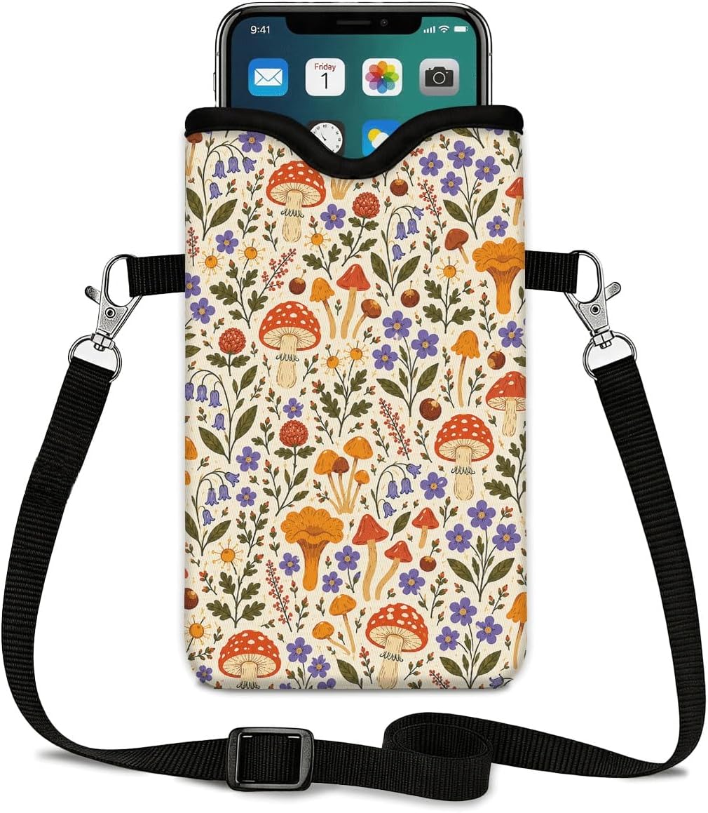 Neoprene Phone Sleeve Pouch Case Bag for Women Men with Crossbody Strap, 7.1x3.9 in, Shockproof Black Cat Mobile Protection Case Bag with Neck Lanyard, Black Cat Garden, Gift for Cats Lovers - Colors C