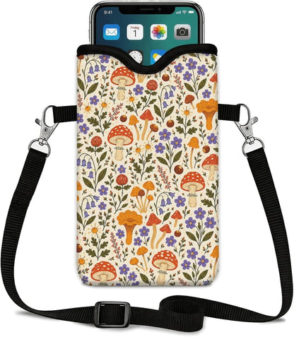 Neoprene Phone Sleeve Pouch Case Bag for Women Men with Crossbody Strap, 7.1x3.9 in, Shockproof Black Cat Mobile Protection Case Bag with Neck Lanyard, Black Cat Garden, Gift for Cats Lovers - Colors C