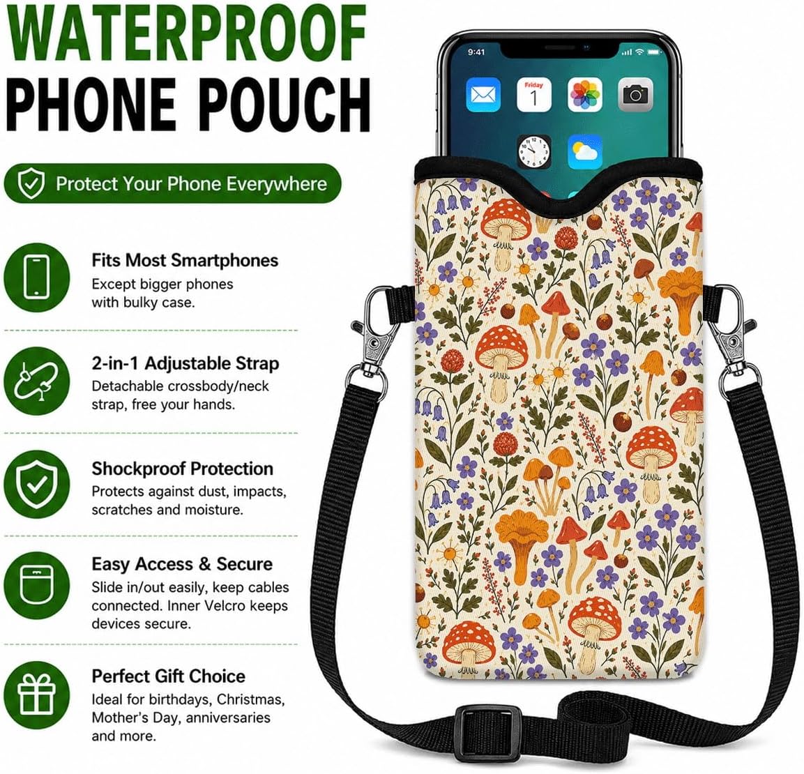 Neoprene Phone Sleeve Pouch Case Bag for Women Men with Crossbody Strap, 7.1x3.9 in, Shockproof Black Cat Mobile Protection Case Bag with Neck Lanyard, Black Cat Garden, Gift for Cats Lovers - Colors C