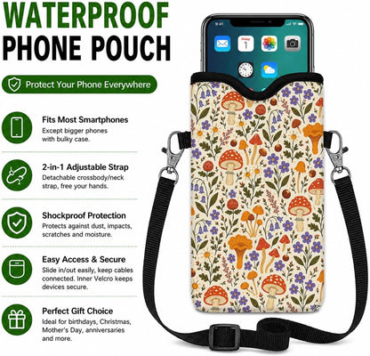 Neoprene Phone Sleeve Pouch Case Bag for Women Men with Crossbody Strap, 7.1x3.9 in, Shockproof Black Cat Mobile Protection Case Bag with Neck Lanyard, Black Cat Garden, Gift for Cats Lovers - Colors C