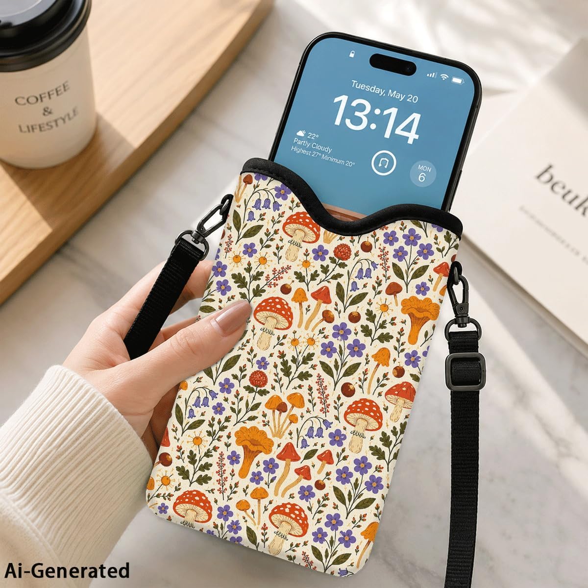 Neoprene Phone Sleeve Pouch Case Bag for Women Men with Crossbody Strap, 7.1x3.9 in, Shockproof Black Cat Mobile Protection Case Bag with Neck Lanyard, Black Cat Garden, Gift for Cats Lovers - Colors C